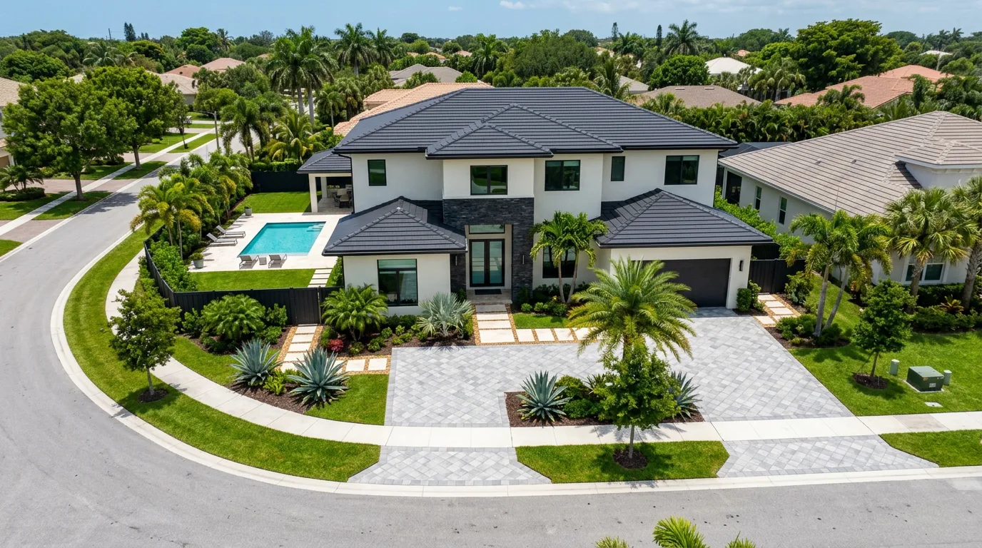 Modern Florida contemporary two-story home with a matte charcoal-black flat concrete tile roof