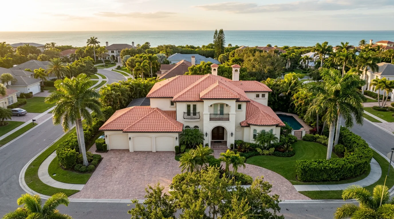 Florida coastal two-story home with a soft coral-salmon clay barrel tile roof