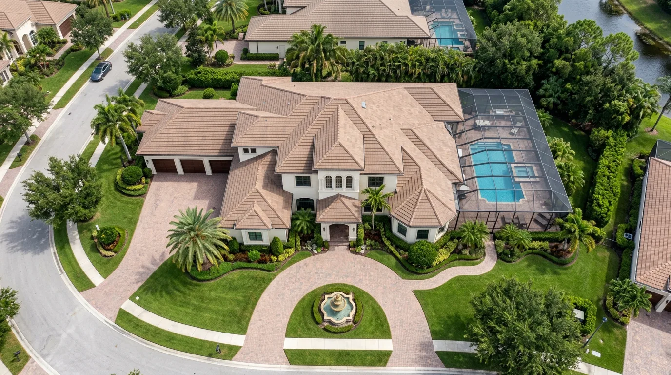 Top-down aerial view of a large Florida luxury two-story estate with a warm-brown blend concrete flat tile roof