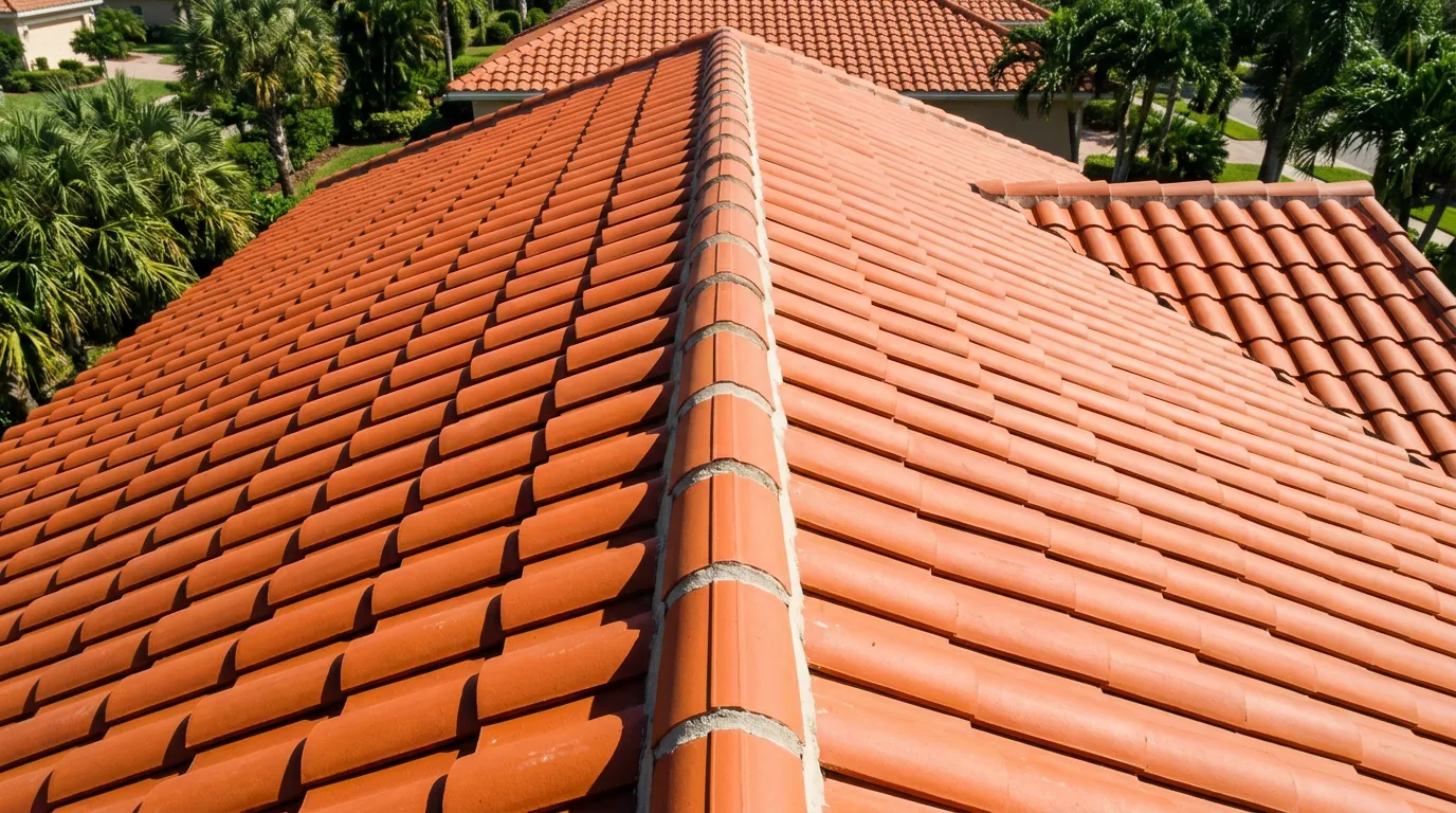 Close-up aerial detail of a freshly installed terracotta clay barrel tile roof ridge cap with cement mortar work