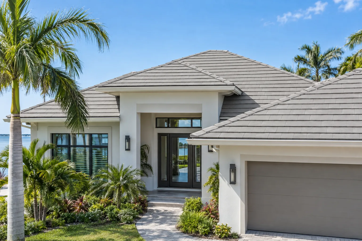 Flat concrete tile roof on a modern coastal Florida home