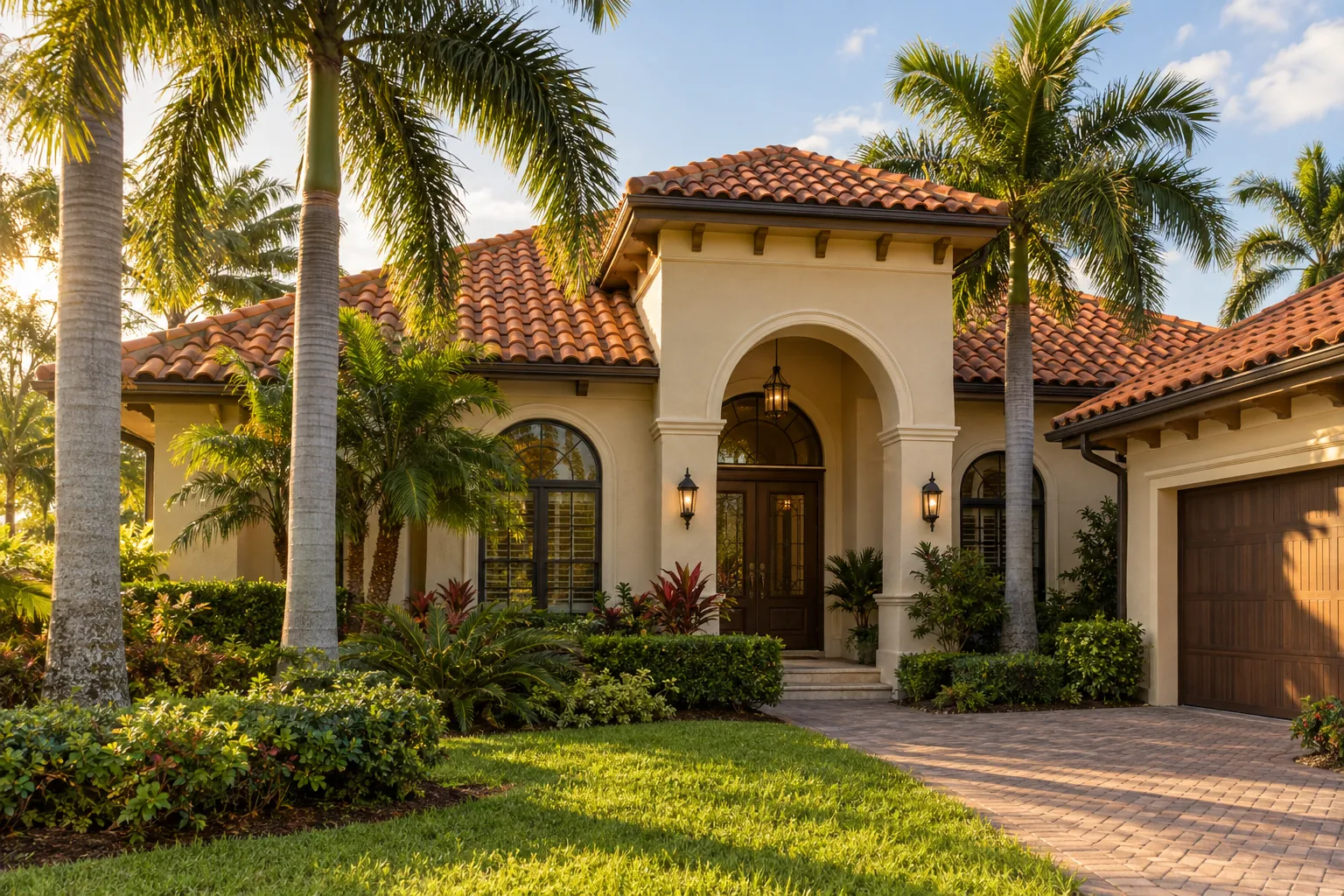Florida Mediterranean home with a warm terracotta clay barrel tile roof
