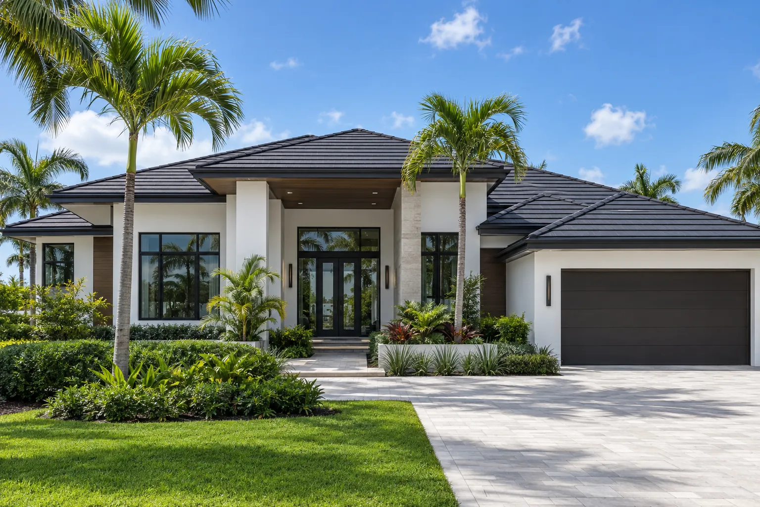 Modern Florida contemporary home with a matte charcoal-black flat concrete tile roof