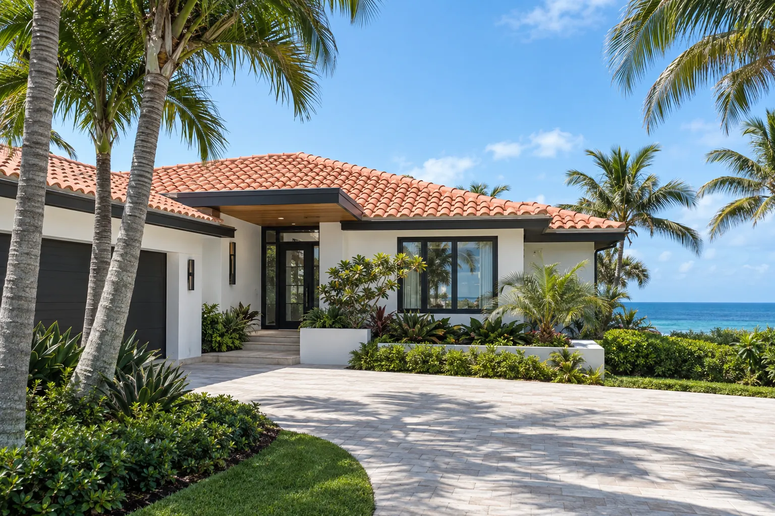 Florida coastal home with a coral-salmon clay barrel tile roof overlooking the ocean