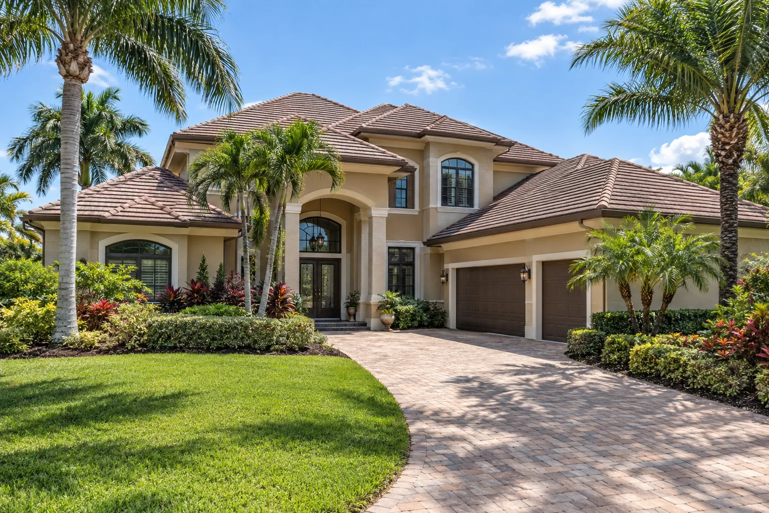 Two-story Florida luxury estate with a warm brown blend concrete flat tile roof