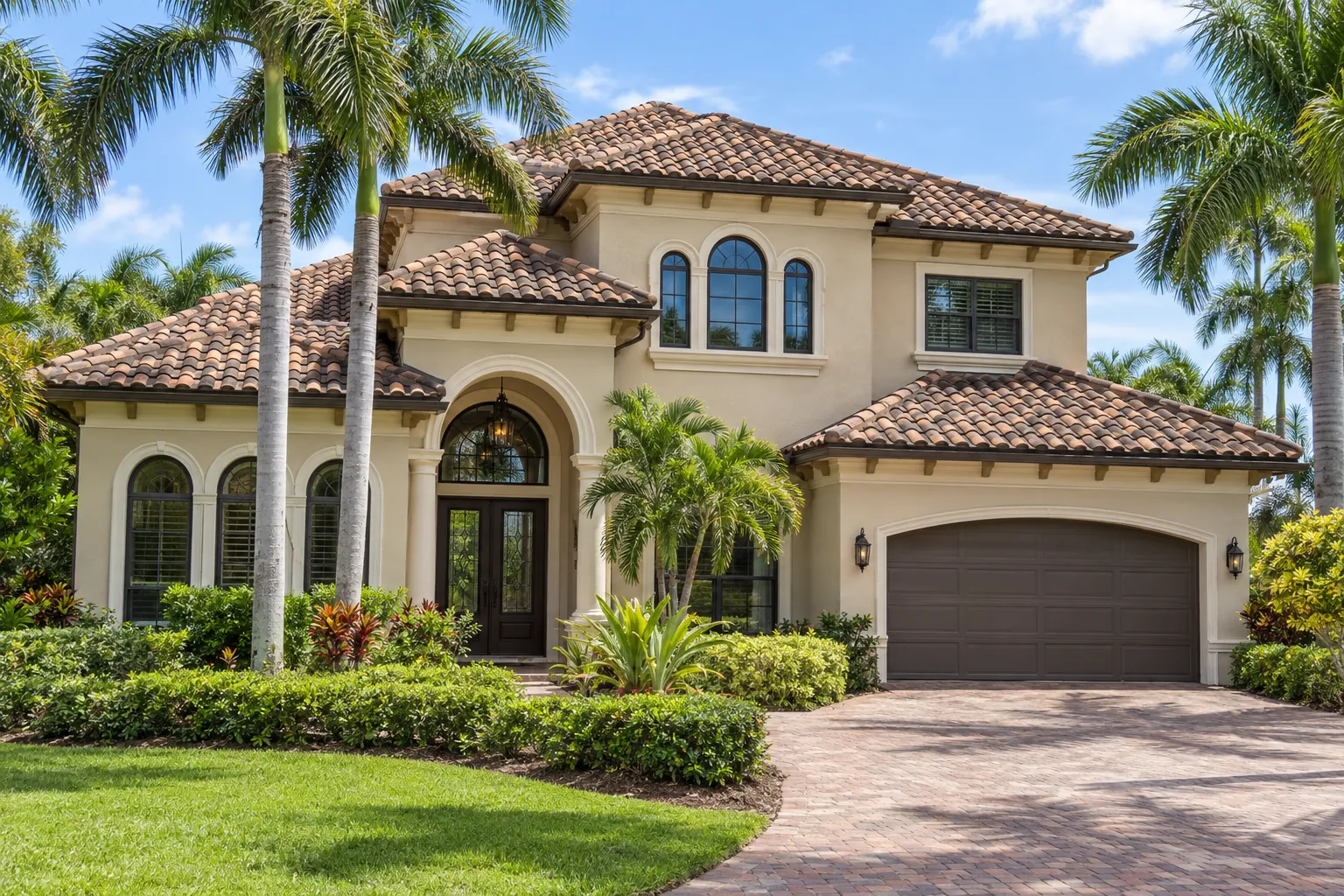 Two-story Florida Mediterranean home with a warm brown blend concrete S-tile roof