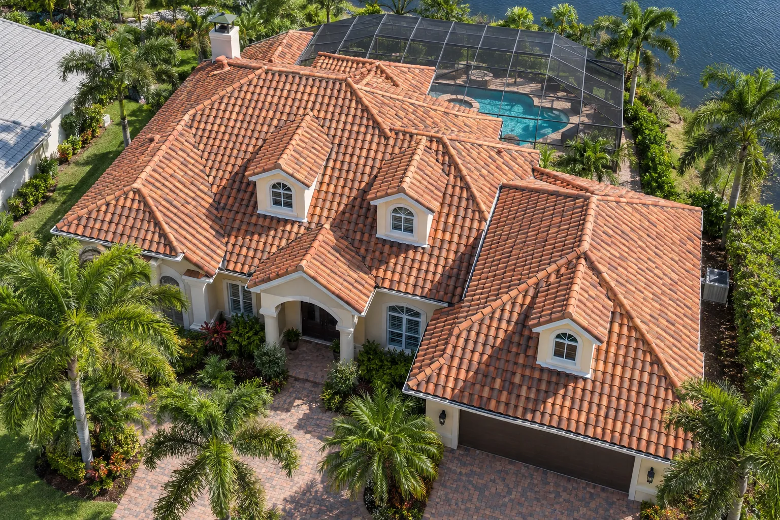 Drone view of a Florida home with a terracotta clay barrel tile roof and multiple dormers