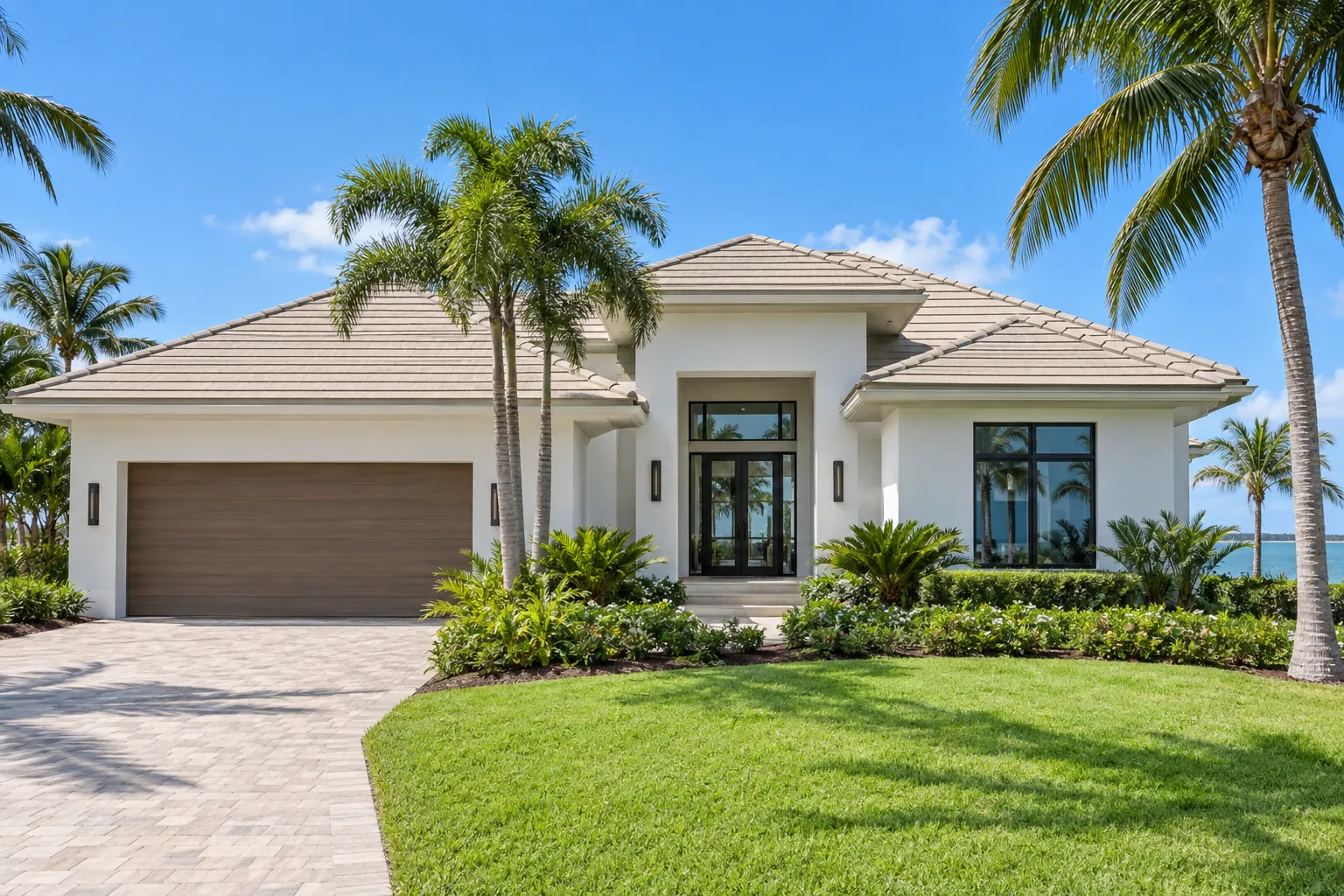 Modern coastal Florida home with a light sandy beige flat concrete tile roof