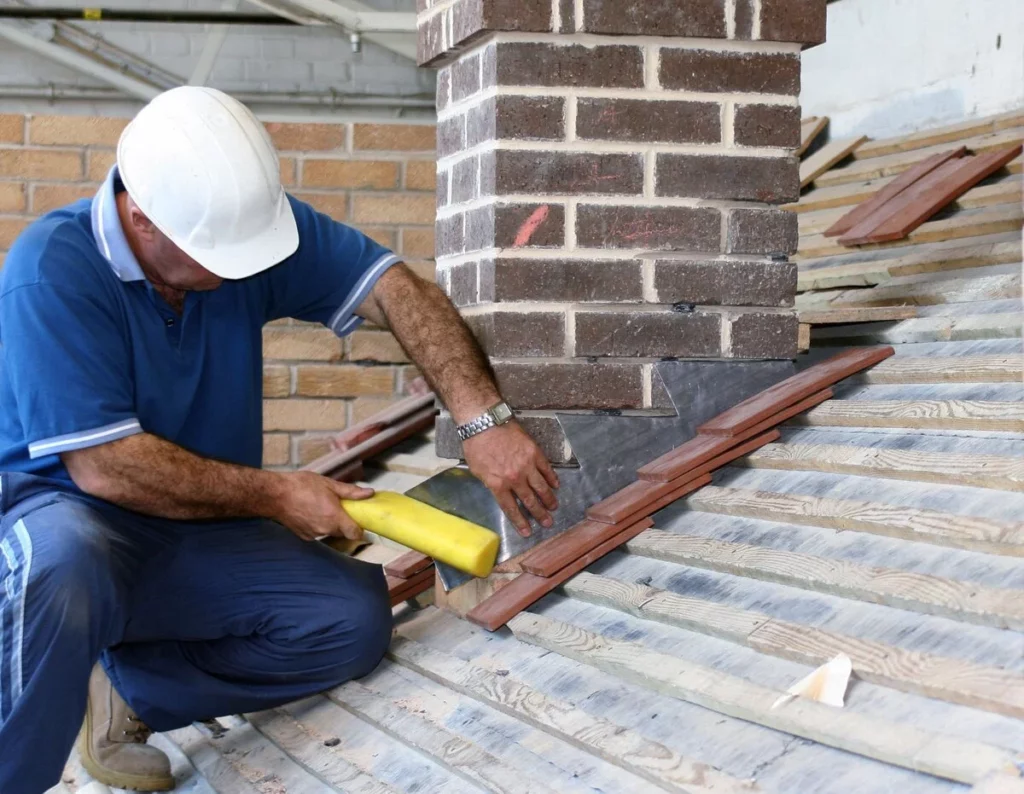 A roofer inspecting flashing in Lakeland