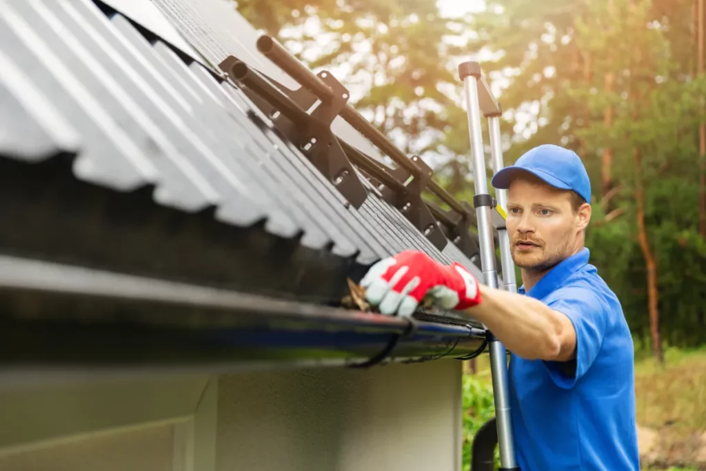 Roofer cleaning gutter after roof installation