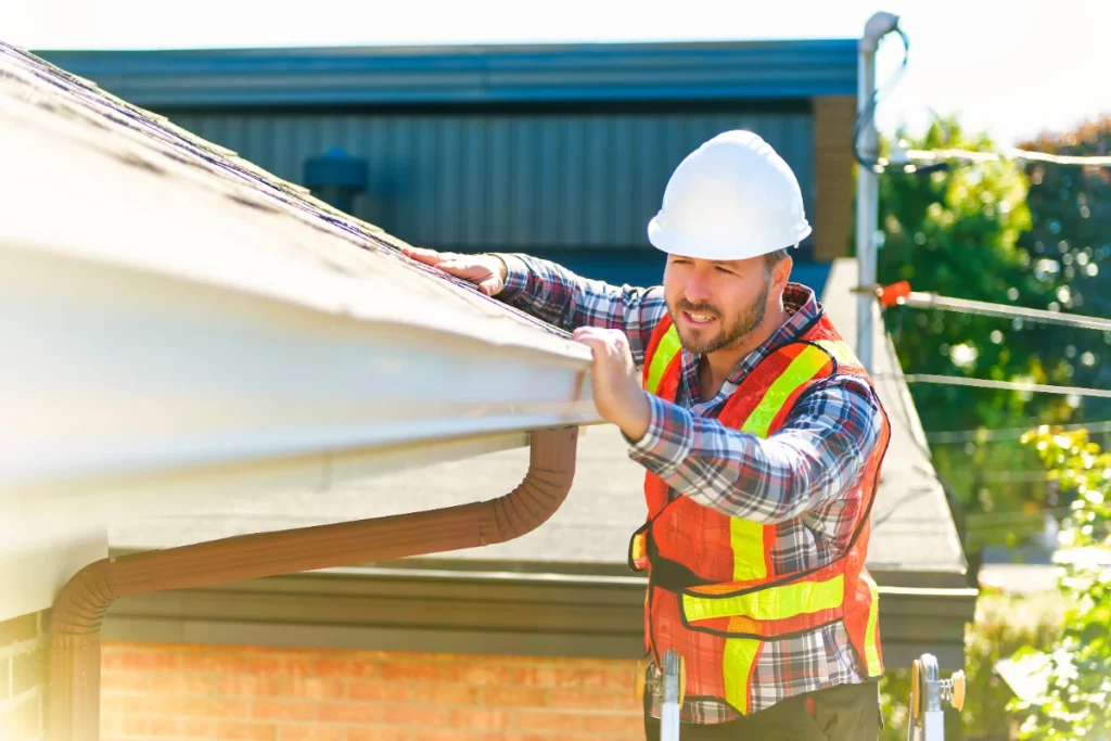 man with hard hat standing on steps inspecting house roof