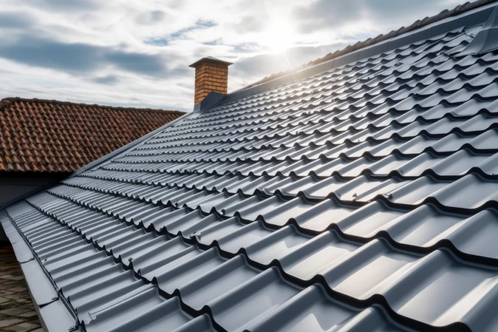 Roofs with chimney of the house, Metal tiles.