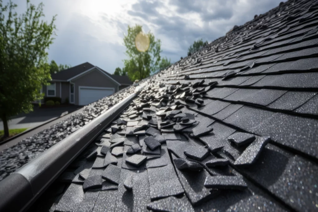 Hail storm damaging asphalt shingle roof background.