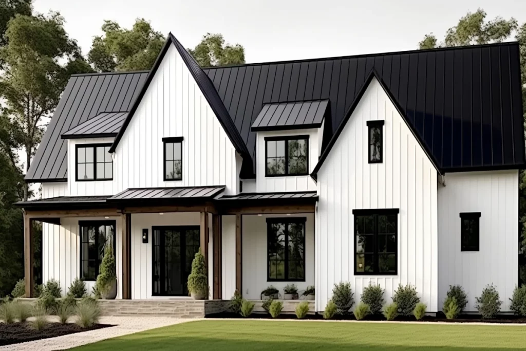 white contemporary farmhouse with a dark shingled roof